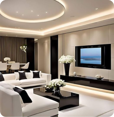 Living room with modern ceiling design and white furniture
