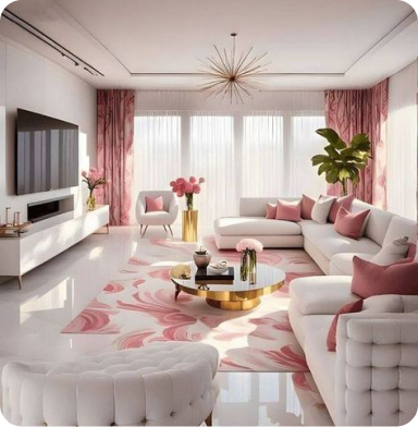 Living room with modern ceiling design and white furniture