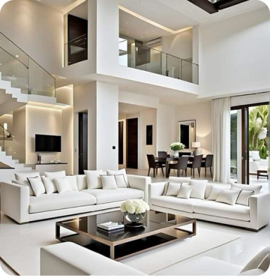 Living room with a large TV and white sofas
